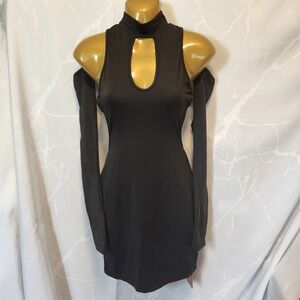 Shein SXY‎ Mini Bodycon Halter Dress Women's S Black Keyhole Cutout Arm Sleeves